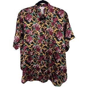 Violets & Roses Floral Shirt Large Vintage Style Baroque Frog Knot Black Silky